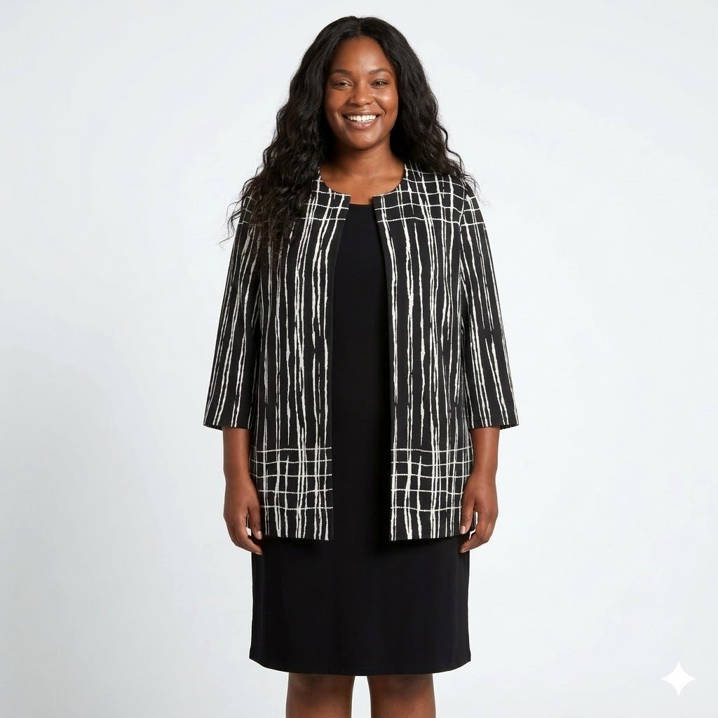Ming Wang Black White Abstract Stripe Knit Jacket Tank Dress Set Size Xl Classic